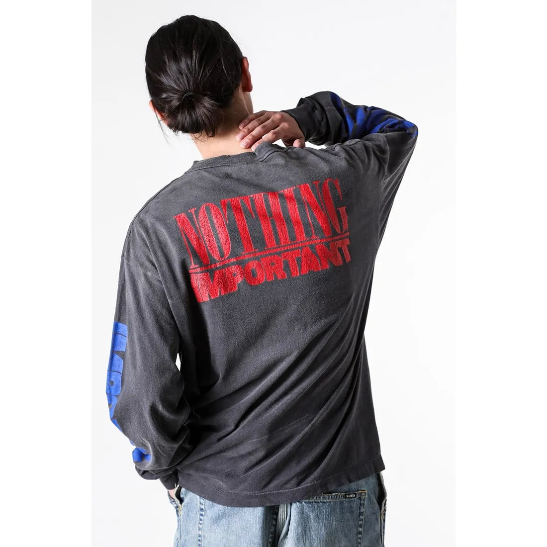 SAINT Mxxxxxx × Kosuke Kawamura's latest joint model KK_LS TEE/NOTHING IMP/BLK Holy Infant tadpole distressed long sleeves, wash black S-XL, original consistent wash mark/angel mark, original factory grade crack print, distressed mottled effect, heavy wash water, water spray fading, fade repositioning, pure handmade complex grinding and hanging